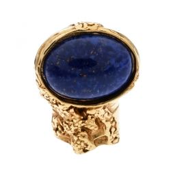 Pre Owned Saint Laurent Arty Blue Lapis Glass Cabochon Gold Tone Ring Size 55
