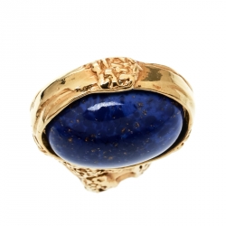 Pre Owned Saint Laurent Arty Blue Lapis Glass Cabochon Gold Tone Ring Size 55