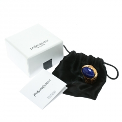 Pre Owned Saint Laurent Arty Blue Lapis Glass Cabochon Gold Tone Ring Size 55