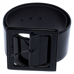 مملوكة مسبقًا حزام سان لوران إبزيم خصر جلد لامع أسود 80 سم