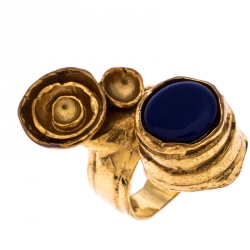مملوكة مسبقًا Saint Laurent Paris Arty Flower Blue Resin Gold Tone Ring Size 54.5