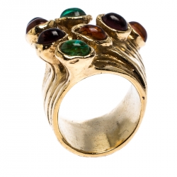 مملوكة مسبقًا Saint Laurent Paris Arty Dots Multicolor Cabochon Gold Tone Cocktail Ring Size 54.5