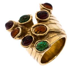 مملوكة مسبقًا Saint Laurent Paris Arty Dots Multicolor Cabochon Gold Tone Cocktail Ring Size 54.5
