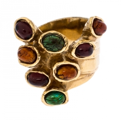 مملوكة مسبقًا Saint Laurent Paris Arty Dots Multicolor Cabochon Gold Tone Cocktail Ring Size 54.5