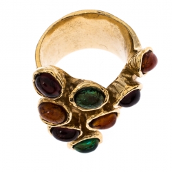 مملوكة مسبقًا Saint Laurent Paris Arty Dots Multicolor Cabochon Gold Tone Cocktail Ring Size 54.5