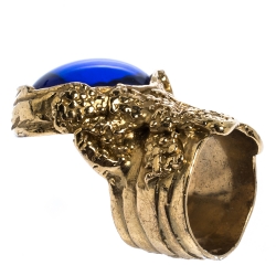 Pre Owned Saint Laurent Paris Arty Blue Glass Cabochon Gold Tone Ring Size 54.5