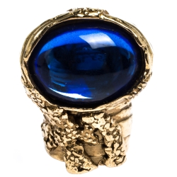 Pre Owned Saint Laurent Paris Arty Blue Glass Cabochon Gold Tone Ring Size 54.5