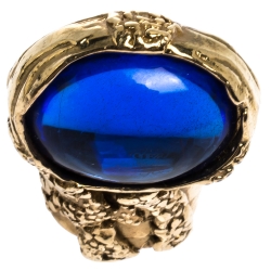 Pre Owned Saint Laurent Paris Arty Blue Glass Cabochon Gold Tone Ring Size 54.5