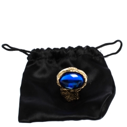 Pre Owned Saint Laurent Paris Arty Blue Glass Cabochon Gold Tone Ring Size 54.5