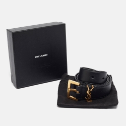 مملوكة مسبقًا Saint Laurent Black Leather Monogram Buckle Belt 75CM