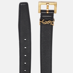 مملوكة مسبقًا Saint Laurent Black Leather Monogram Buckle Belt 75CM