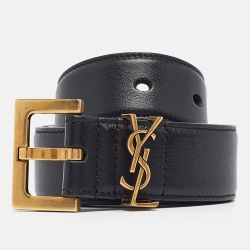 مملوكة مسبقًا Saint Laurent Black Leather Monogram Buckle Belt 75CM