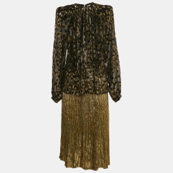 Saint Laurent Black/Gold Fil Coupe and Lurex Blouse and Pleated Midi Skirt Set M/S
