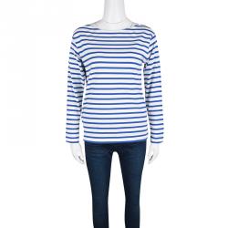 مملوكة مسبقًا Saint Laurent Paris Blue and White Striped Cotton Knit Long Sleeve Top M