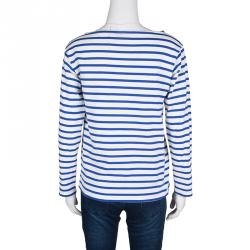 مملوكة مسبقًا Saint Laurent Paris Blue and White Striped Cotton Knit Long Sleeve Top M
