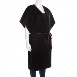 Pre Owned Saint Laurent Paris Black Angora Wool Belted Short Sleeve Kimono Coat L