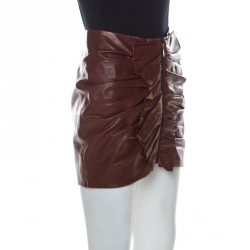 Saint Laurent Paris Brown Leather Ruched Ruffle Detail Mini Skirt S