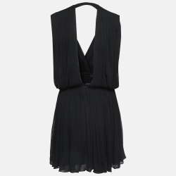 Pre Owned Saint Laurent Paris Black Draped Jersey Deep Neck Mini Dress L