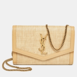 مملوكة مسبقًا Saint Laurent Beige Raffia and Leather Uptown Wallet on Chain