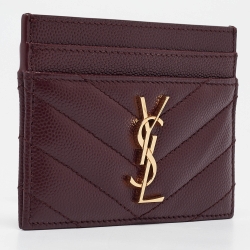 Pre Owned Saint Laurent Burgundy Matelassé Leather Monogram Card Holder