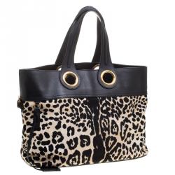 Pre Owned حقيبة سان لوران باريس بالما كانفاس نقشة الفهد أسود وجلد