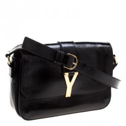 مملوكة مسبقًا حقيبة كتف سان لوران شيك كبيرة جلد لامعة منقوشة سوداء