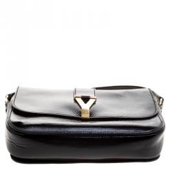 مملوكة مسبقًا حقيبة كتف سان لوران شيك كبيرة جلد لامعة منقوشة سوداء