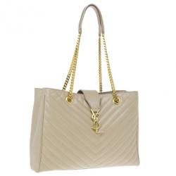 مملوكة مسبقًا Saint Laurent Paris Beige Chevron Leather Classic Monogram Shopping Tote