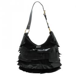 Saint Laurent Black Leather St. Tropez Ruffle Hobo