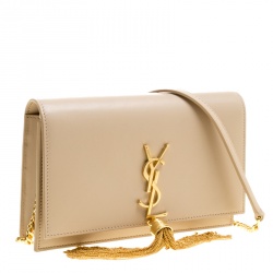 Pre Owned محفظة سان لوران باريس كيت جلد بيج بشراشيب وسلسلة