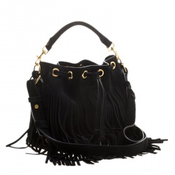 Pre Owned Saint Laurent Paris Black Suede Small Emmanuelle Fringed Bucket Bag