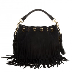 Pre Owned Saint Laurent Paris Black Suede Small Emmanuelle Fringed Bucket Bag