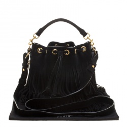 Pre Owned Saint Laurent Paris Black Suede Small Emmanuelle Fringed Bucket Bag