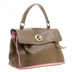 Pre Owned Saint Laurent Paris Taupe/Pink Leather and Canvas Muse Two Satchel