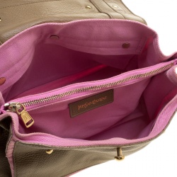 Pre Owned Saint Laurent Paris Taupe/Pink Leather and Canvas Muse Two Satchel