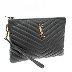 Pre Owned حقيبة كلتش سان لوران حمالة معصم مونوغرامية جلد مبطنة رمادية