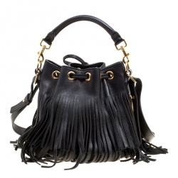Pre Owned Saint Laurent Black Leather Small Emmanuelle Fringed Bucket Bag