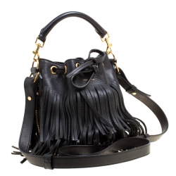 Pre Owned Saint Laurent Black Leather Small Emmanuelle Fringed Bucket Bag