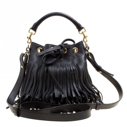 Pre Owned Saint Laurent Black Leather Small Emmanuelle Fringed Bucket Bag