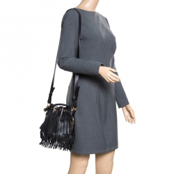 Pre Owned Saint Laurent Black Leather Small Emmanuelle Fringed Bucket Bag