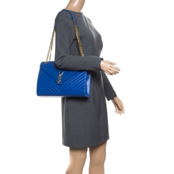 Pre Owned Saint Laurent Blue Leather Monogram Envelope Shoulder Bag