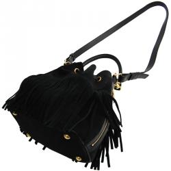 Pre Owned Saint Laurent Paris Black Suede Emmanuelle Fringe Bucket Bag
