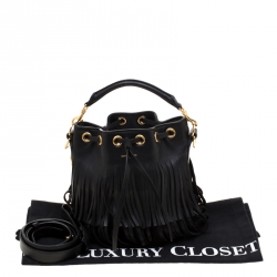 Pre Owned Saint Laurent Black Leather Small Emmanuelle Fringed Bucket Bag
