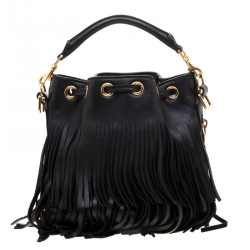 Pre Owned Saint Laurent Black Leather Small Emmanuelle Fringed Bucket Bag