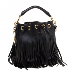 Pre Owned Saint Laurent Black Leather Small Emmanuelle Fringed Bucket Bag