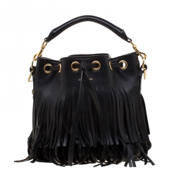 Pre Owned Saint Laurent Black Leather Small Emmanuelle Fringed Bucket Bag