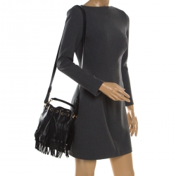 Pre Owned Saint Laurent Black Leather Small Emmanuelle Fringed Bucket Bag