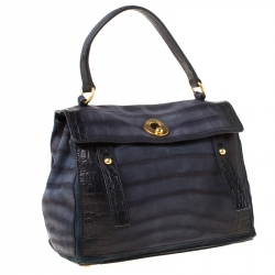 Saint Laurent Paris Navy Blue Croc Embossed Leather Medium Muse Two Satchel