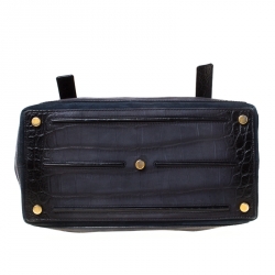 Saint Laurent Paris Navy Blue Croc Embossed Leather Medium Muse Two Satchel