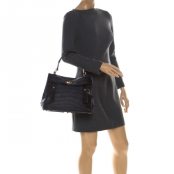 Saint Laurent Paris Navy Blue Croc Embossed Leather Medium Muse Two Satchel